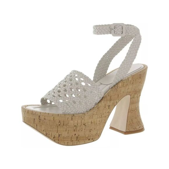 PALOMA BARCELO Womens White Woven Almond Toe Flare Leather Heeled Sandal 38